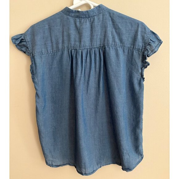 LOFT Petite Chambray Ruffle Button Front Short Sleeve Blouse Size Small - Picture 7 of 10
